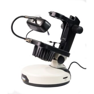Tilting stand for gemmology with darkfield, direct fluorescent daylight & LED fiber.